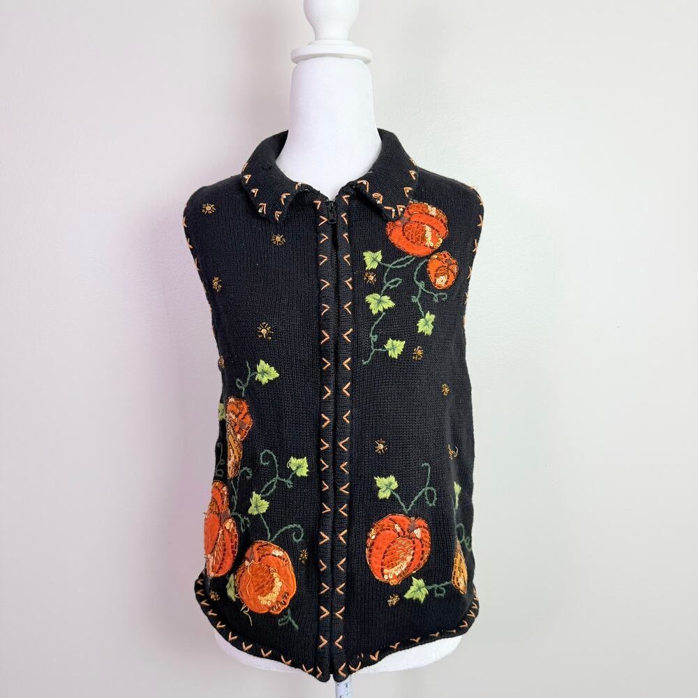 Vintage 90s Halloween Pumpkin Embroidered Beaded Sweater Vest Womens M Zip Front - Picture 2 of 14